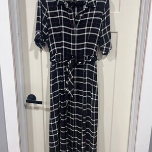 Calvin Klein Black & White Plaid Maxi Shirt Dress with Tie Waist